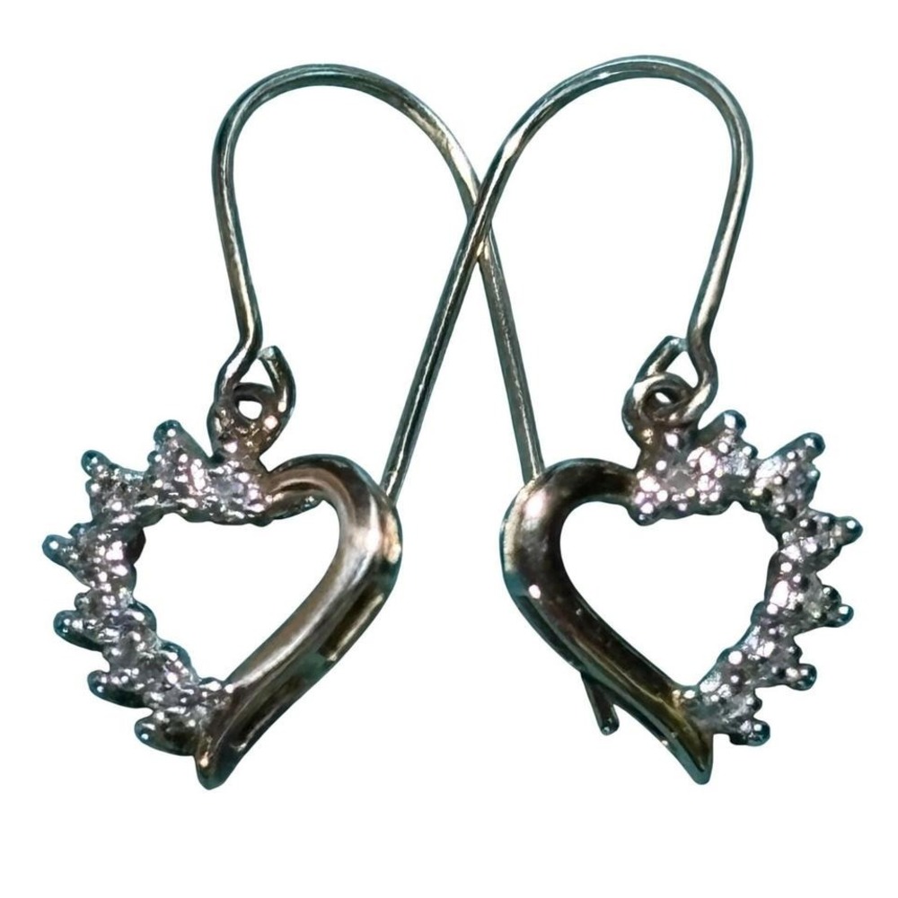 Vintage 18K Gold over Sterling Silver Heart Earrings w/Diamonds